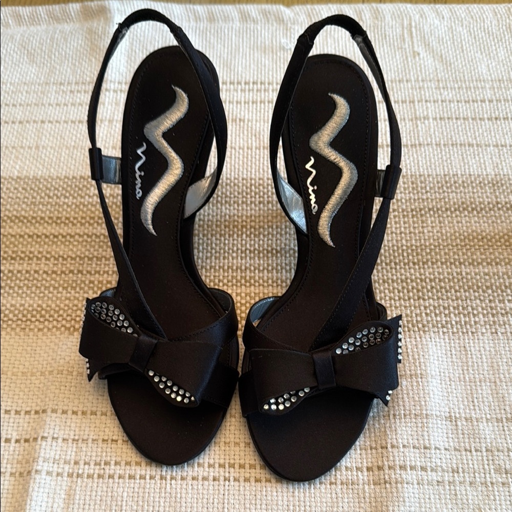 Nina Black Heels with Crystal Embellished Bow